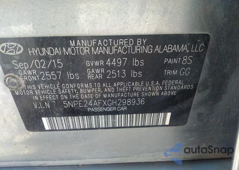 2016 Hyundai Sonata Se z USA, uszkodzony, nr VIN 5NPE24AFXGH298936